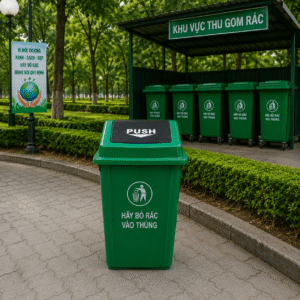 Thùng rác nắp lật PUSH 100L xanh lá xám đỏ dương