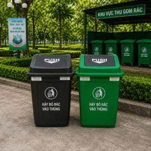 Thùng rác nắp lật PUSH 20L xanh lá, xám