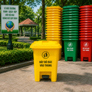 Thùng rác nhựa 60 lít  đạp chân màu xanh, cam, vàng